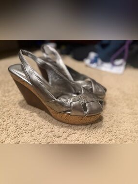 Pelle Moda Silver Metallic Cork Wedge Slingback Sandals